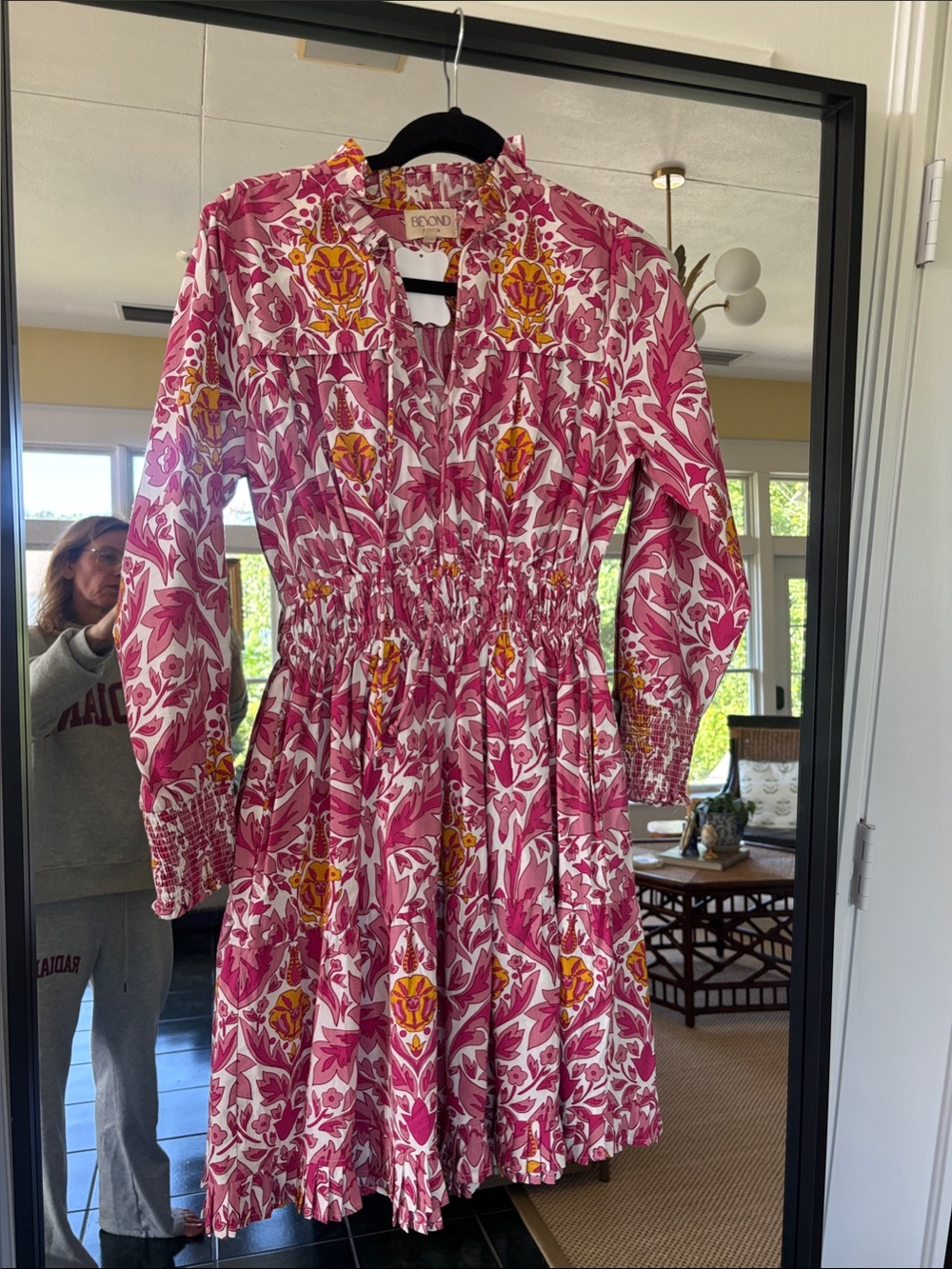 Beyond by Vera Floral Shirred-Waist Long Sleeve Dress in Pink